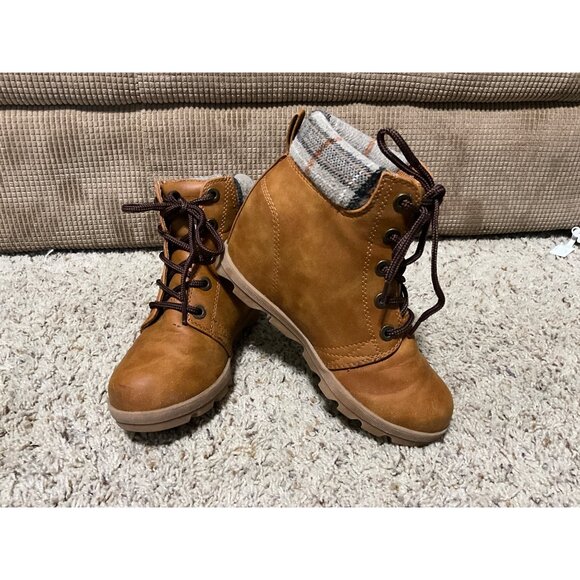 Lugz Womens Brown Ankle Boots With Plaid Collar & Wedge Heel Size 6 Faux Leather - Picture 7 of 11